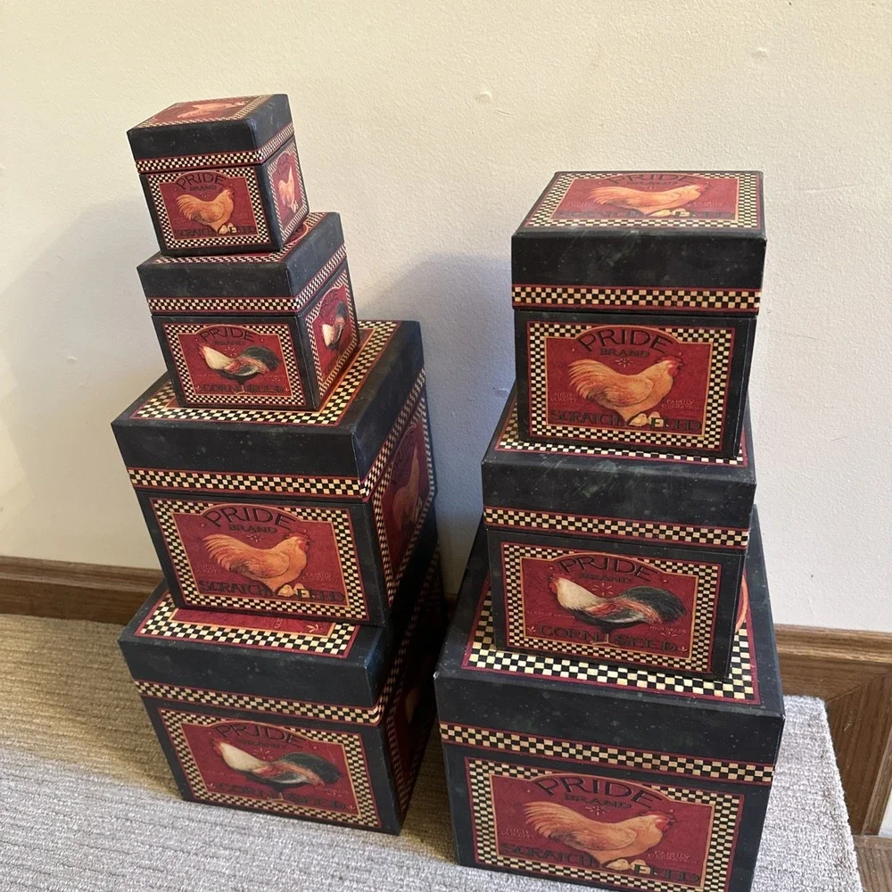 Lang Bob's Boxes 7 Stacking Nesting PRIDE Feed Seed Rooster Chicken Country VTG